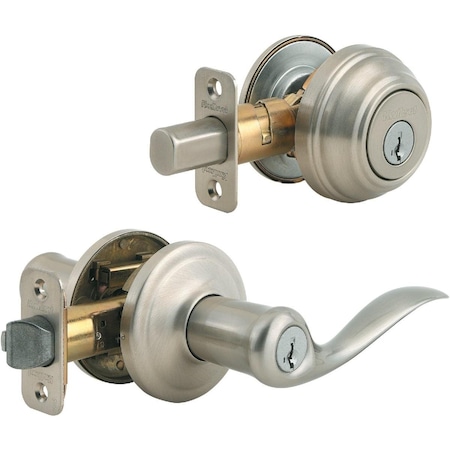 Kwikset Signature Series Satin Nickel Deadbolt and Lever Combo with Smartkey 991TNL 15 SMT CP